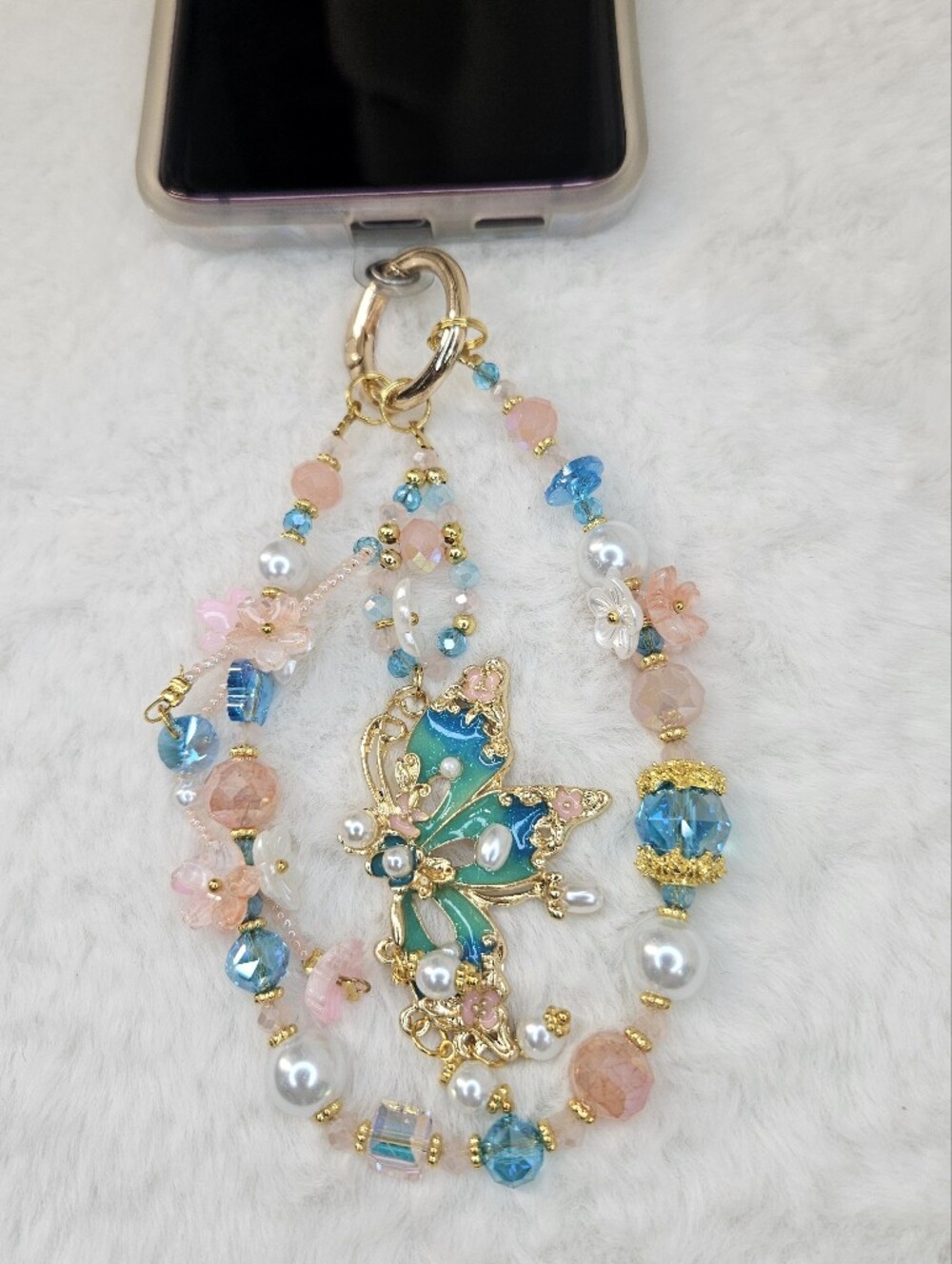 Gold Butterfly Phone Charm with Blue and Pink Beads